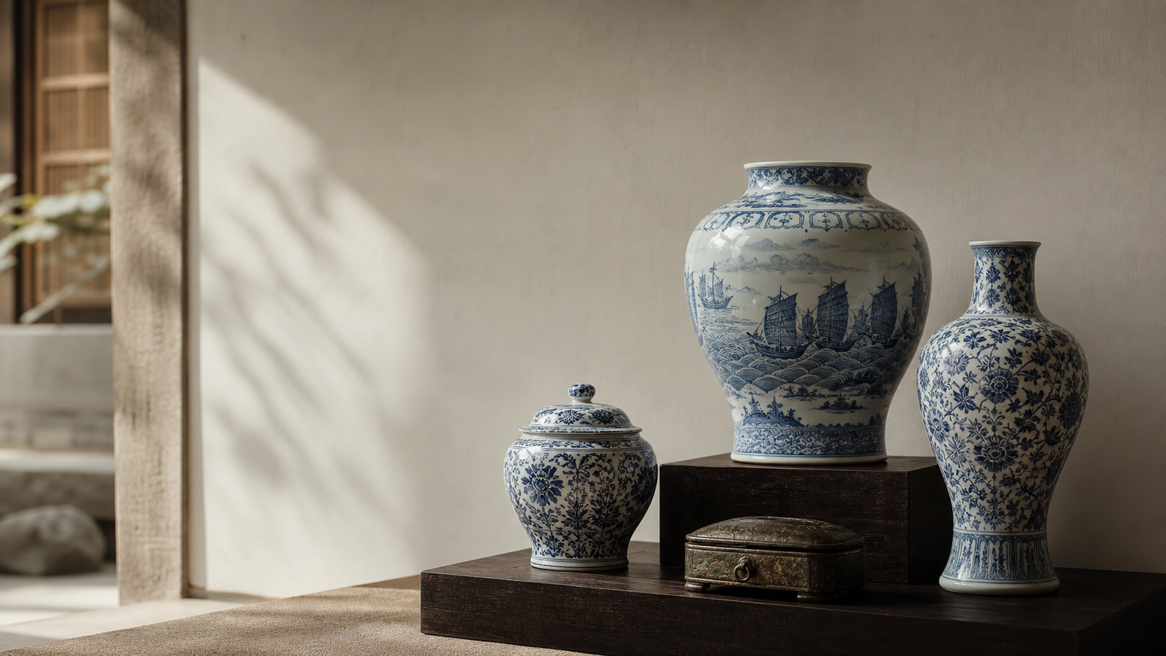 青花瓷与古董器物的展陈画面